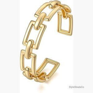 Adjustable Gold Cuff Bracelet, Chunky Rectangle Bangle, Vintage Style